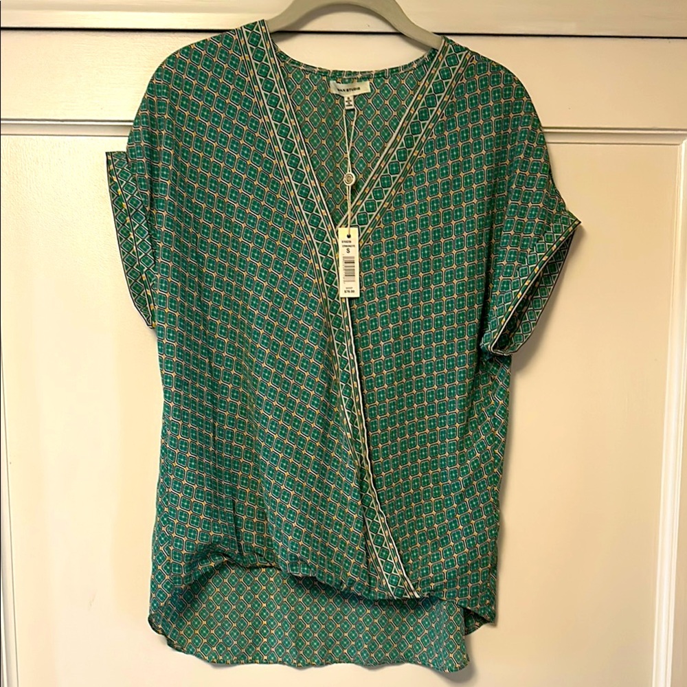 Max Studio Green Faux Wrap Blouse Top V Neck - Small NEW WITH TAGS